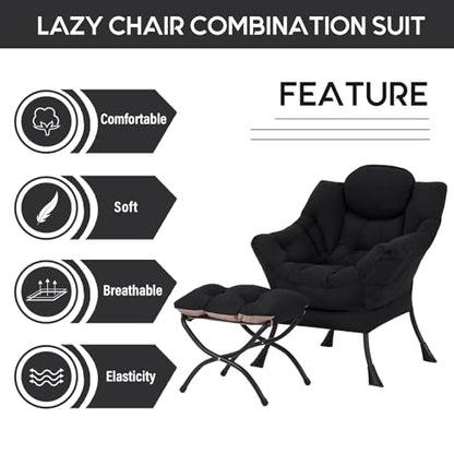 Lazy Chair with Ottoman, Comfy Accent Reading Chair, Black | Foldable Footrest,Removable Cover,with Armrests and Side Pockets,Upholstered Lounge Chair for Bedroom,Dorm,Office,Small Space - color: Black