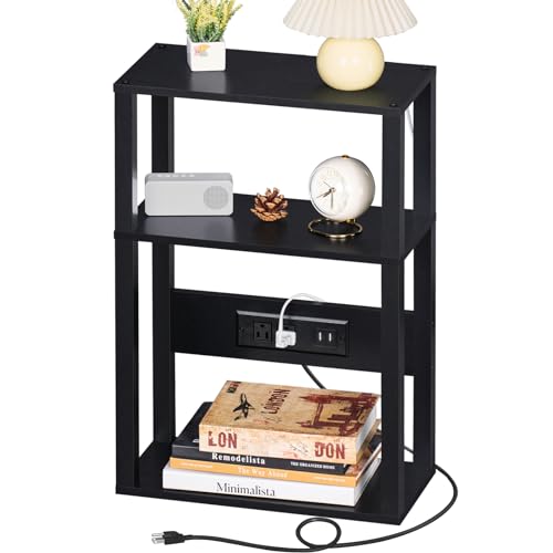 YUFAM 3-Tier Small Narrow Wood Side Table with Charging Station, Skinny Nightstand for Small Space, Slim Bedside Table with Storage for Couch, Thin End Table with USB Ports and Outlets, Black | Thin Side Table for Small Spaces, Slim End Table with USB and