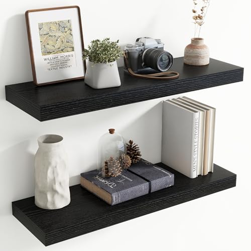 30 Inch Floating shelves for Wall, 8 Inch Deep, Invisible Brackets, Black | Rustic Wall Mounted Shelf, Storage & Display, Wooden Shelves for Living Room, Kitchen, Bathroom and Home Decor, Set of 2 - color: Black, size: 30 Inch, Set of 2