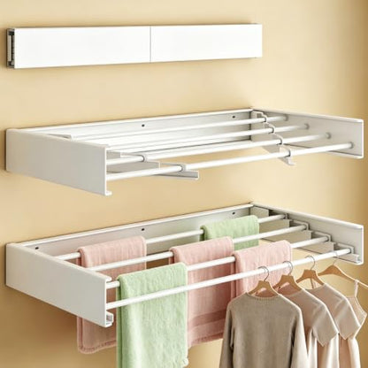 23.6-Inch Wall Mounted Foldable Clothes Drying Rack, White | Space-saving rack folds against the wall when not in use and includes a mounting template for indoor or balcony drying - color: White,w23.6''