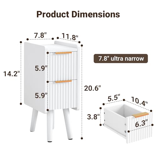 ELYKEN 7.9" Fluted Narrow Nightstand, 20.6" H Skinny Side Table, White | Compact Design for Small Spaces, 2 Drawers, Modern White Finish, Perfect as Bedside Table, End Table or Sofa Side Table - color: White-1 Pcs