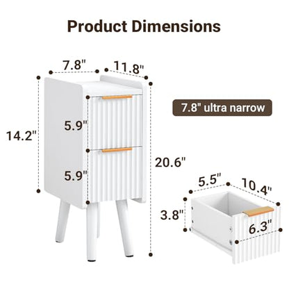 ELYKEN 7.9" Fluted Narrow Nightstand, 20.6" H Skinny Side Table, White | Compact Design for Small Spaces, 2 Drawers, Modern White Finish, Perfect as Bedside Table, End Table or Sofa Side Table - color: White-1 Pcs
