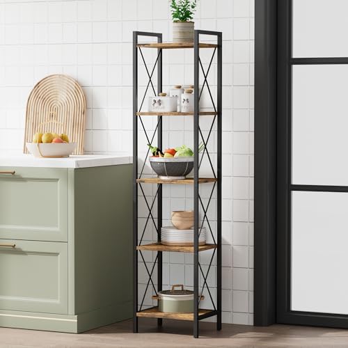 Homhedy 5 Tier Small Bookshelf, Tall Narrow Bookcase, Metal Book Shelf | Industrial Style for Small Spaces, Home, Office, Living Room, Kitchen, Bedroom , 10.4" D x 13" W x 55.1" H, Rustic Brown - color: Rustic Brown, size: 10.4"D x 13"W x 55.1"H