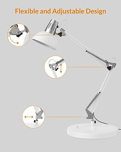 LEPOWER Metal Adjustable Desk Lamp with Clamp, Swing Arm for Home Office | Gooseneck, Architect Style, Eye-Caring Table Lamp, On/Off Switch, E26 Base, Reading for Dorm, Bedroom, Study, Back to School - color: White
