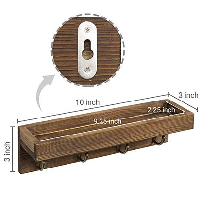 MyGift 10 Inch Brown Wood Wall Mounted Floating Shelf Key Rack with 4 Hooks | Four Metal Hooks, Space Saving Storage, Entryway Organization, Rustic Accent, Keys Mail Accessories Display - color: Dark Brown