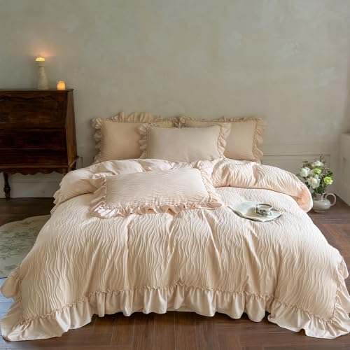 3 Pcs Vintage Beige Wavy Textured Ruffle Duvet Cover Full, Zipper & Ties | French Country Shabby Chic Aesthetic Comforter Cover, Soft Breathable Jacquard Romantic Fringe Princess Girls Bedding Set - color: A Wavy Beige, size: Full(Duvet Cover and 2 Pillow