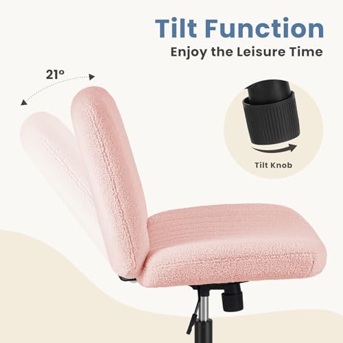 DUMOS Criss Cross Chair with Wheels, Wide Cross Legged Office Desk Vanity Chairs, Armless Height Adjustable Swivel Chairs for Home Computer Task, Teddy Fleece, Pink Wheel - color: Pink Wheel