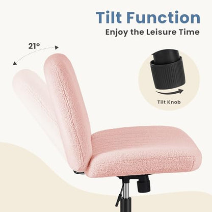 DUMOS Criss Cross Chair with Wheels, Wide Cross Legged Office Desk Vanity Chairs, Armless Height Adjustable Swivel Chairs for Home Computer Task, Teddy Fleece, Pink Wheel - color: Pink Wheel