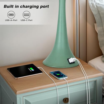 Rinweey Coastal Modern Green Table Lamps Set of 2 for Living Room, 27.5" Tall Bedside Lamp with USB Charging Port,3-Way Dimmable Touch Nightstand Lamp for Bedroom Desk Side Table Office,Green - color: Green(2 Pack)