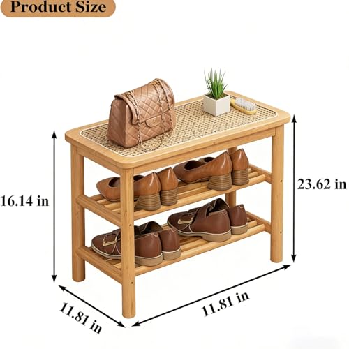latifolia Shoe Rack Bench, 3-Tier Bamboo Shoe Bench with Breathable Rattan Seat Cushion, Shoe Storage Rack for Entryway(Nature,23.62''L) - color: Nature, size: 23.62''L