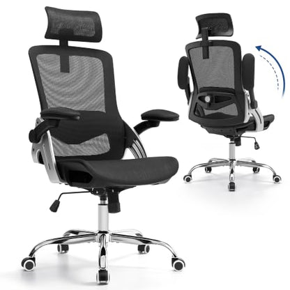 Fizzin Office Chair Mesh Desk Chair with 3D Armrests Computer Chair | Ergonomic Office Chair with Adjustable Lumbar Support and Headrest 125° Tilt and Wide Mesh Cushion High Back Home Desk Chair - color: Black