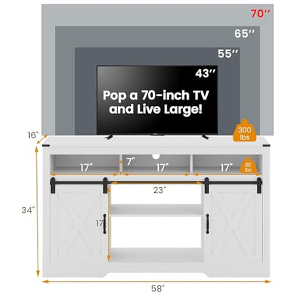 RoyalCraft Farmhouse Fireplace TV Stand, Entertainment Center for 65+ Inch TV with 23" Electric Fireplace, Modern Rustic TV Console with Sliding Bar Door for Living Room, White - color: White-2, style: Electric Fireplace Included
