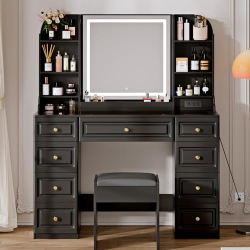 Arulvmrn 43" Makeup Vanity Desk with Mirror and Lights, & Power Outl, Glass Top Big Vanity Table with 9 Drawers& 8 Storage Shelves, Dressing Table Set with Chair for Bedroom, Black - color: Dark