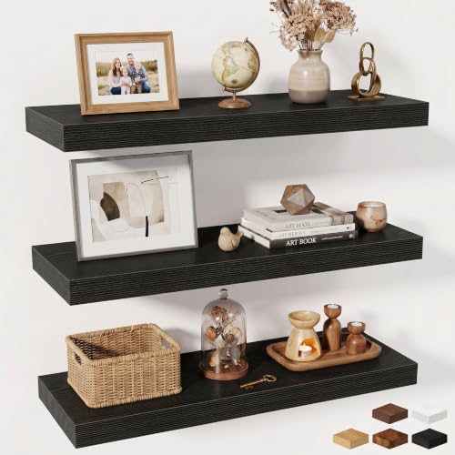 Fun Memories Floating Shelves for Wall, 30 Inch Long Floating Shelves Set of 3, 30 x 10 Wooden Shelves for Wall, Large Storage Shelves, Hanging Shelves for Bathroom Kitchen Bedroom, Black - color: Classic Black, size: 30W x 10D x 1.5H