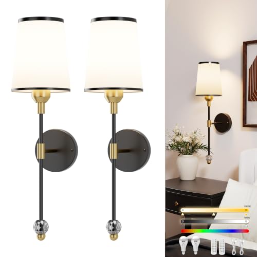 PAIHOME Wall Sconce Set of Two Battery Operated Black Gold Wall Decor Light | Battery Powered, Large Capacity, Wireless,Rechargeable,15 Color Modes, Memory Function, Mid-century Design,Smart Timer - color: Gold&Black