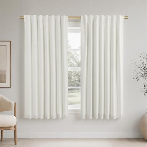 KOUFALL Short Curtains for Bathroom Windows,100% Blackout Linen Boho Warm White Rod Pocket Back Tab Black Out Window Curtains for Bedroom 45 Inch Long 2 Panel Sets - color: Ivory, size: 52"W x 45"L (Pack of 2)