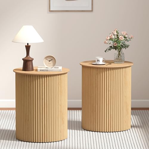 Round Fluted Side Table Set of 2, 17.7" Mid-Century Modern End Tables, Wooden Bedside Table Round Nightstand Small Circle Sofa Accent Table for Living Room, Bedroom Home(Natural) - color: Natural, size: 17.7"D x 17.7"W x 21.6"H