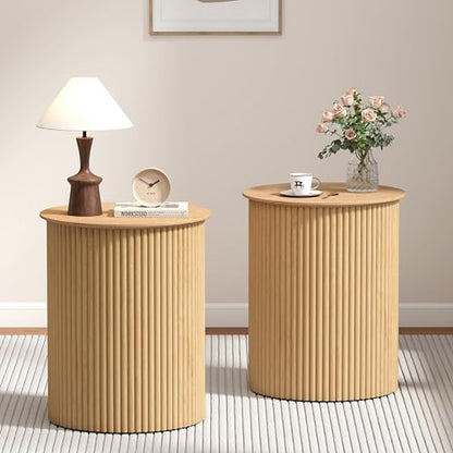 Round Fluted Side Table Set of 2, 17.7" Mid-Century Modern End Tables, Wooden Bedside Table Round Nightstand Small Circle Sofa Accent Table for Living Room, Bedroom Home(Natural) - color: Natural, size: 17.7"D x 17.7"W x 21.6"H