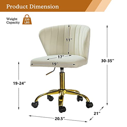 TINA'S HOME Office Desk Chairs with Wheels & Gold Base, Modern Velvet Cute Armless Office Chair, Adjustable Low Back Swivel Rolling Chair, Upholstered Task Chair for Living Room Vanity Study-Ivory | Modern Velvet Cute Armless Office Chair, Adjustable Low