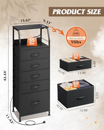 WLIVE LED Nightstand with Charging Station, Fabric Dresser with 5 Drawers for Bedroom, Tall Night Stand with Open Shelves, Bed Side Tables Living Room, Black - color: Black, size: 5 Drawers