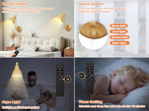 GOODATE 1 Pack Plug in Wall Sconce with Remote Control, Dimming, Adjustable Colors 2700K-6500K, Plug in Wall Light, Swing Arm Wall Lamp with Night Light & Timer, LED Bulb Included, Oak Finish - size: Oak-1 PACK(Bulb+Remote)