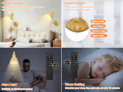 GOODATE 1 Pack Plug in Wall Sconce with Remote Control, Dimming, Adjustable Colors 2700K-6500K, Plug in Wall Light, Swing Arm Wall Lamp with Night Light & Timer, LED Bulb Included, Oak Finish - size: Oak-1 PACK(Bulb+Remote)
