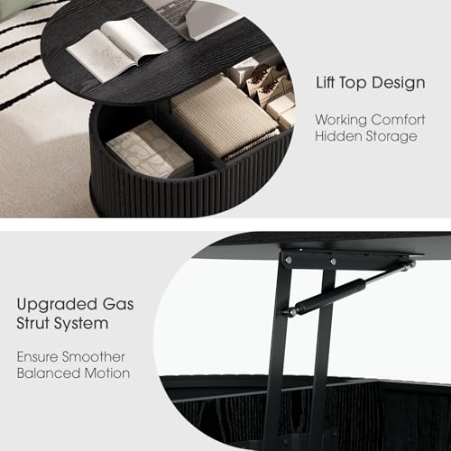 SULIVES Oval Coffee Table with Storage,Multifunctional Lift Top Drum Coffee Table, Small Fluted Center Table for Living Room, Black - color: Black_oval