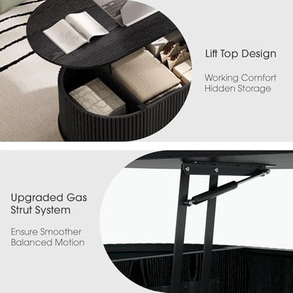 SULIVES Oval Coffee Table with Storage,Multifunctional Lift Top Drum Coffee Table, Small Fluted Center Table for Living Room, Black - color: Black_oval