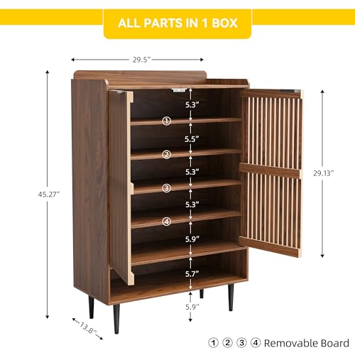 Shoe Cabinet with 2 Doors for Entryway, 21 Pairs Wooden Shoe Storage Cabinet with Adjustable Shelves, Farmhouse Hidden Shoe Organizer for Hallway & Mudroom, Slim Freestanding Shoe Cabinet, Walnut - color: Walnut