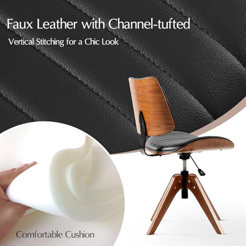 HULALA HOME Faux Leather Home Office Desk Chair No Wheels, Black | Mid-Century Modern Desk Chair with Wood Legs, 360° Swivel Computer Task Chair with Channel-Tufted Backrest, Height Adjustable - color: Black