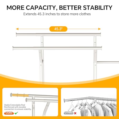 Homeiju Heavy Duty Clothes Rack Load 500LBS, Three Rods Clothing Racks for Hanging Clothes Extendable, Rolling Garment Rack with Sturdy Wheels, Basket, Storage Shelves, White - color: White