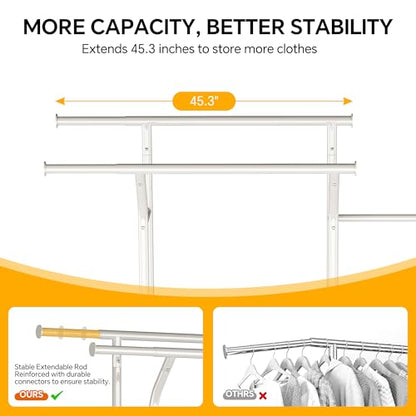 Homeiju Heavy Duty Clothes Rack Load 500LBS, Three Rods Clothing Racks for Hanging Clothes Extendable, Rolling Garment Rack with Sturdy Wheels, Basket, Storage Shelves, White - color: White