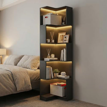 Corner Bookshelf, 5 Tier Tall Corner Bookcase with LED Lights, Freestanding L Shaped Open Display Shelf for Living Room, Bedroom, Home Office (Black) - style: Black-without drawers