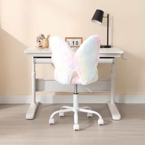 chairus Kids Desk Chair Butterfly Faux Fur Study Chair for Teenage Girls Adjustable Kids Vanity Chair for Bedroom Reading Living Room, Small Cute Student Task Chair with White Foot, Macaron - color: Butterfly, Macaron