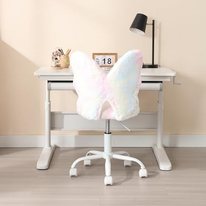 chairus Kids Desk Chair Butterfly Faux Fur Study Chair for Teenage Girls Adjustable Kids Vanity Chair for Bedroom Reading Living Room, Small Cute Student Task Chair with White Foot, Macaron - color: Butterfly, Macaron