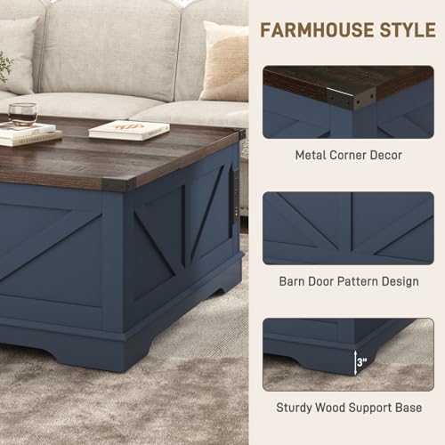 Hlivelood 40” Large Farmhouse Lift Top Coffee Table with Power Outlets and Large Hidden Storage, Square Wood Living Room Tables, Multi-Function Lift Wooden Barn Door Center Table, Blue - color: Blue