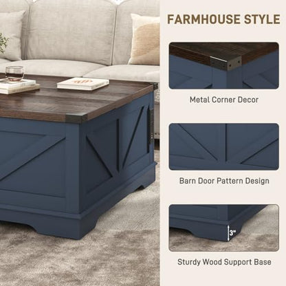 Hlivelood 40” Large Farmhouse Lift Top Coffee Table with Power Outlets and Large Hidden Storage, Square Wood Living Room Tables, Multi-Function Lift Wooden Barn Door Center Table, Blue - color: Blue