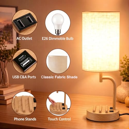 Dreamholder Touch Control USB Table Lamp with USB C/A & AC Outlet, 3-Way Dimmable Bedside Lamp, Modern Nightstand Lamps for Bedroom Living Room Guest Room Office, Bulb Included, Woodgrain - color: Woodgrain