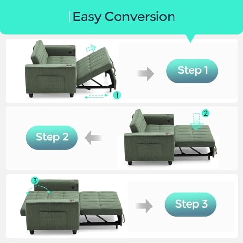 LINSY 54" Pull Out Couch with Charging Station - Sleeper Sofa Bed with Cup Holder, Small 3 in 1 Convertible Loveseat Sleeper Couch for Apartment, Dorm Room, Bedroom and Small Space(Olive Green) - color: Green