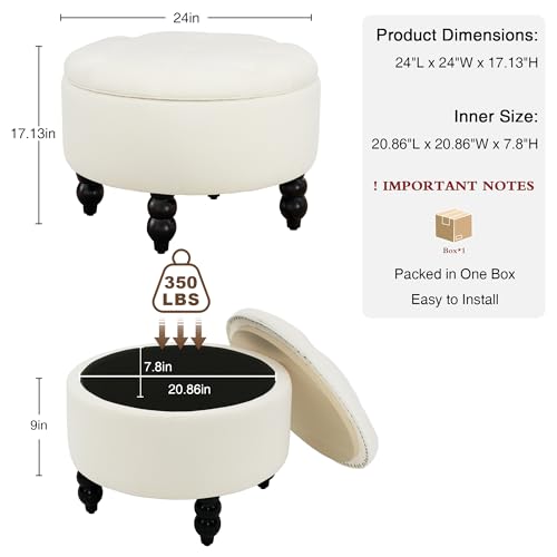 24 Inch Fabric Round Ottoman with Storage, Modern Upholstered Button Tufted Ottoman Coffee Table with Tray Lid, Circle Footstool with Storage for Living Room, Bedroom, White - color: White, size: 24"D x 24"W x 17.1"H