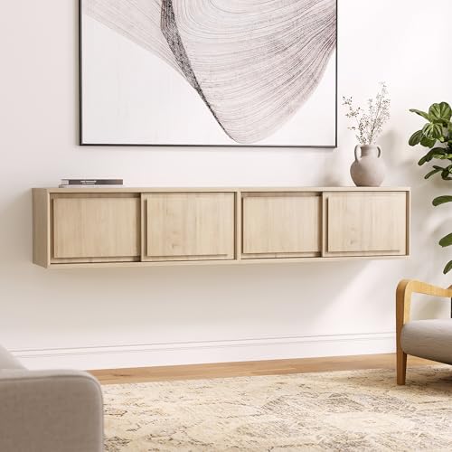 Modern Floating TV Stands Set of 2, Accent Nightstands Wall Mounted Bedside Table Handless Storage Cabinet with Sliding Doors for Living Room Bedroom, Light Oak - color: Light Oak, size: 2PCS