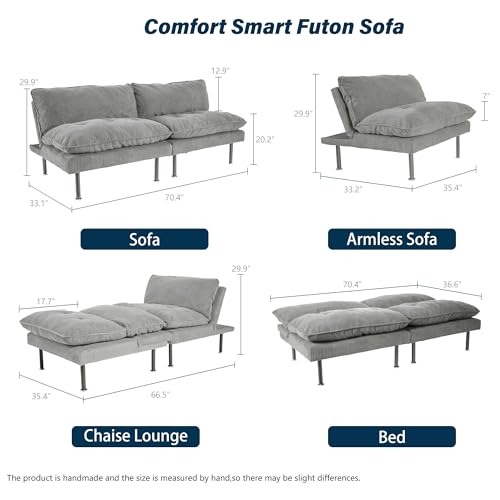 Ribilake 2 Sets 70" Futon Sofa Bed, 4 in 1 Multi-Function Couch Sleeper with Adjustable Backrest, Modern Convertible Futon, Recliner Small Loveseat for Living Room, Light Grey - color: Light Grey, size: 2 Sets
