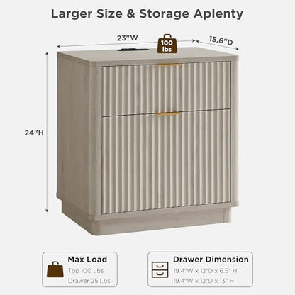 T4TREAM 23'' Fluted Nightstand with Charging Station, Modern, White Alder | Large 2 Drawer, Curved Profile, Mid-Century, Bedside Table with Storage, End Table for Living Room, Bedroom, Side Table - color: White Alder
