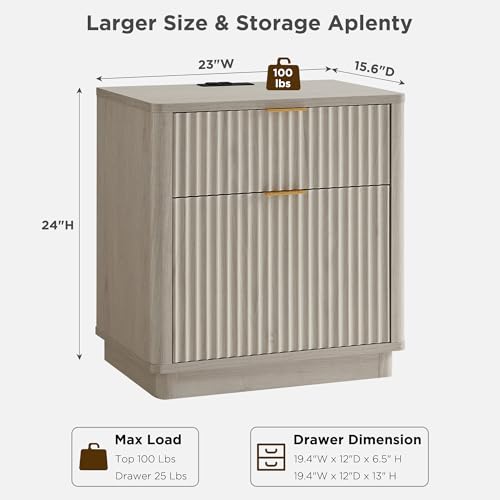 T4TREAM 23'' Fluted Nightstand with Charging Station, Modern, White Alder | Large 2 Drawer, Curved Profile, Mid-Century, Bedside Table with Storage, End Table for Living Room, Bedroom, Side Table - color: White Alder