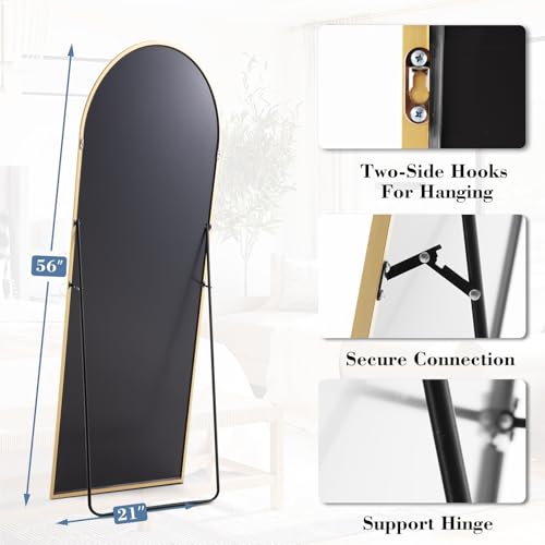 DUMOS 56"x15" Arched Full Length Mirror with Stand, Full Body Floor Mirror | Free Standing or Wall Mount, Nano Glass Aluminum Frame, Hanging or Leaning, Modern Simple Home Decor, Gold - color: Gold-arched, size: 56"L x 15"W