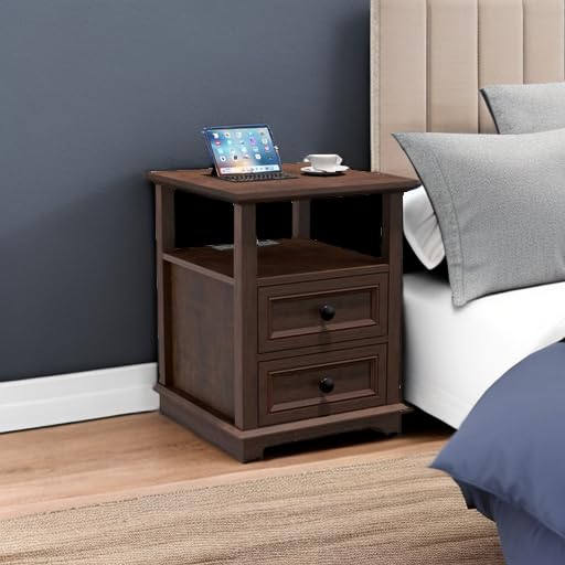 24" Tall End Table with Charging Station & 2 Drawers | Double 18W Fast Charge, Large 18" Bedside Table, Open Shelf, Living Room, Bedroom, Home Office - color: Cherry, size: 1 Piece