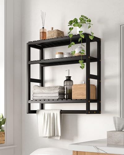 Galood Bathroom Shelves Towel Racks Over Toilet Storage with Bar (Inky) | 3 Tier Floating Wall Mounted Space Saving Bamboo Paper Holder for Bathroom Laundry Room Kitchen Organizers