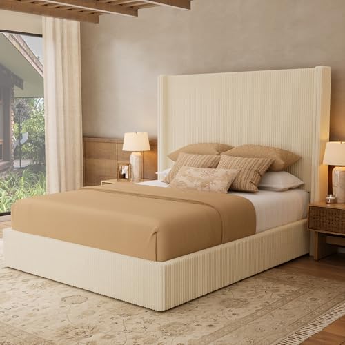 Queen Bed Frame with Lift Up Storage, 51.2" Tall Headboard and Upholstered Wingback Platform Bed Frame, Hydraulic Support, No Box Spring Needed, Beige Corduroy - size: Queen (U.S.Standard)