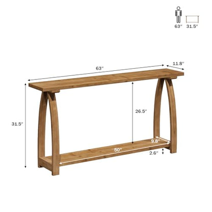 63" Long Solid Wood Console Table, Narrow Behind Couch Sofa Table | with A-Shaped Curved Legs, with Storage Shelf, Farmhouse Entryway Table, Rustic Skinny, for Living Room, Hallway or Foyer
