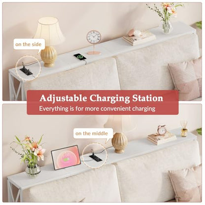 Gewudraw Narrow Console Table with Socket, Sofa Table Behind Couch, White | 55.1" Couch Table, Industrial Style, Long Skinny Design,For Hallway,Living Room,Bedroom, Built-In Outlets & USB,140cm Length - color: White, size: 55.1 in